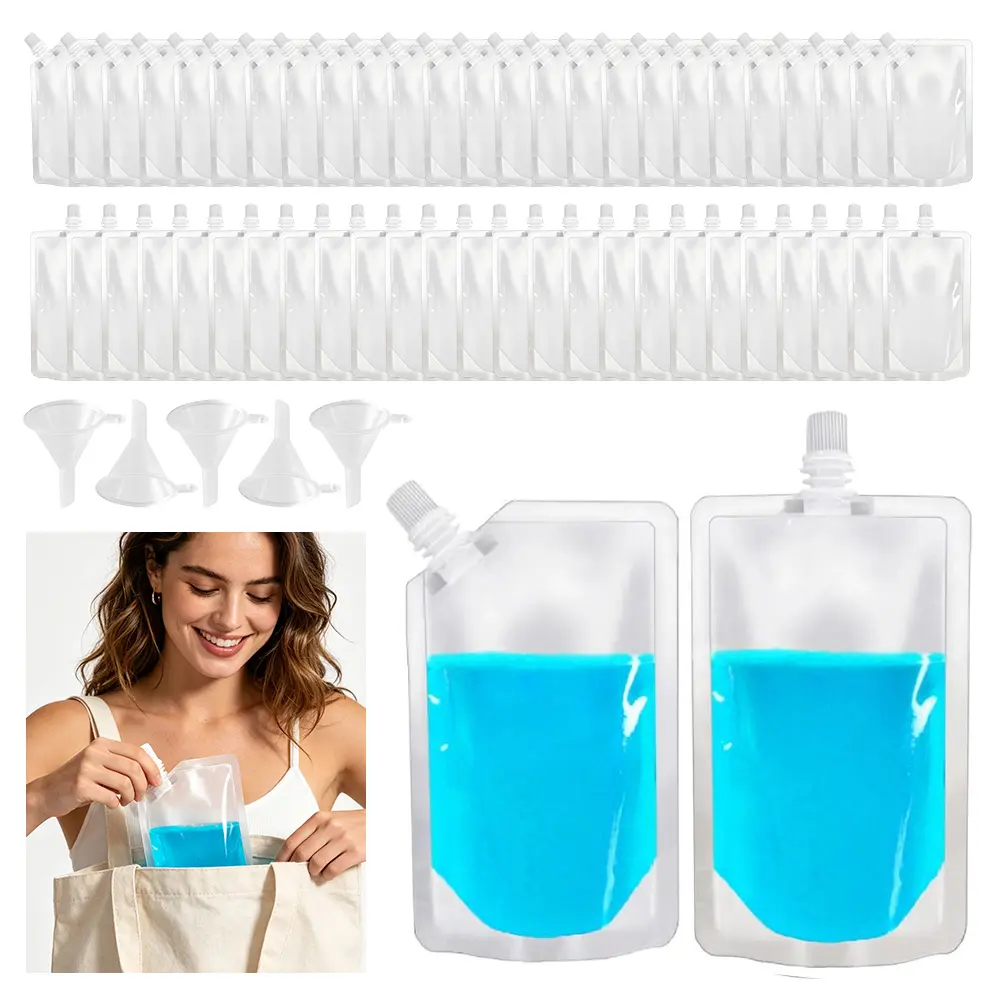 50 Packs 8 Oz Drink Pouches Bulk and 5Pcs Plastic Funnel Kit, Reusable Drink Pouches,Leak-Proof Food Grade Plastic Flasks for Travel, Camping, Hiking, Pool Party, Festival Essentials & Cruises