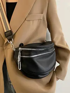 Women's Fashion Solid Color Crossbody Fanny Pack, Simple Double Zipper Chest Bag, Casual Shoulder Bag For Daily Used