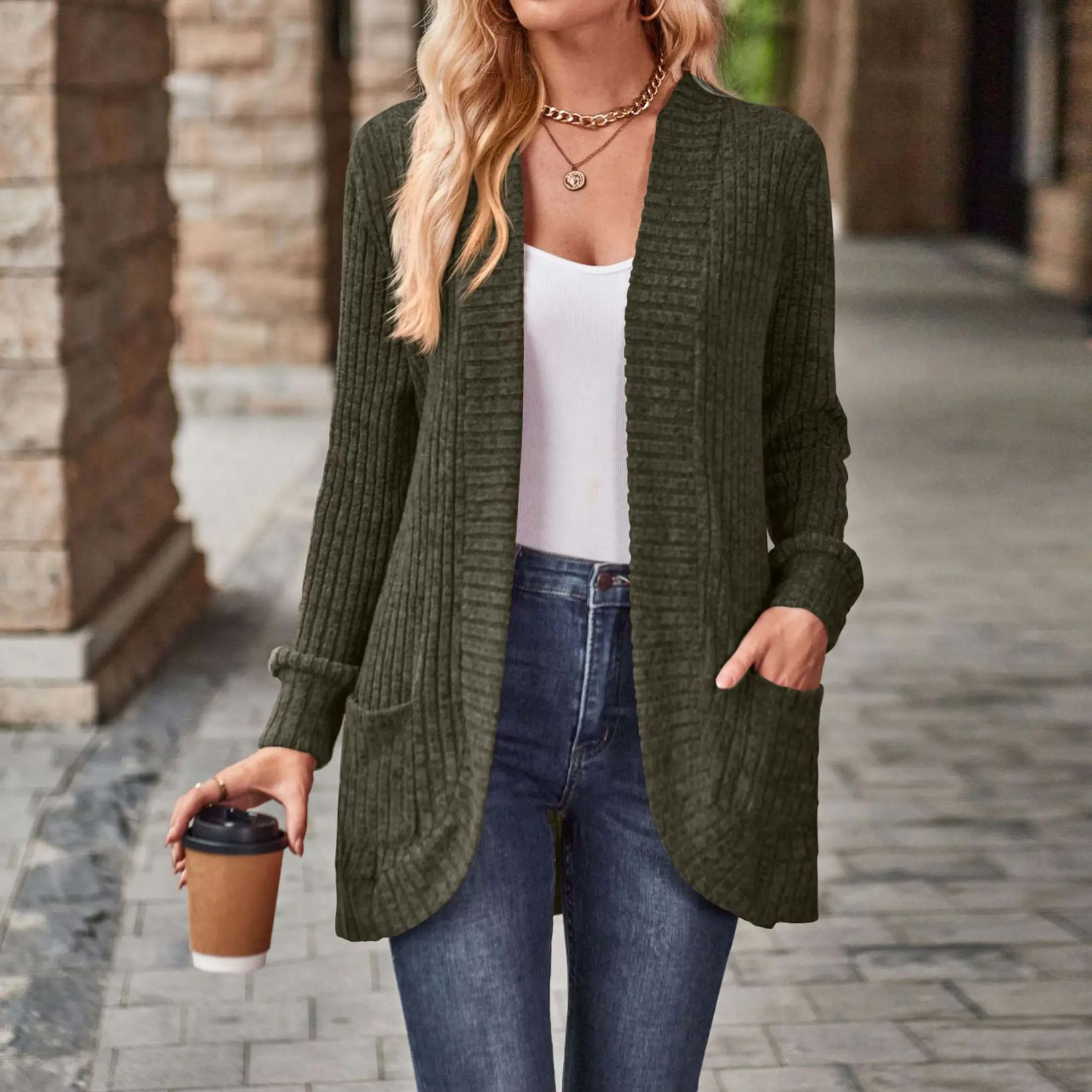 Women's Basic Cardigan Solid Color Long Sleeve Casual Long Pocket Cardigan Sweater,clothes for back to school,first day of school outfits