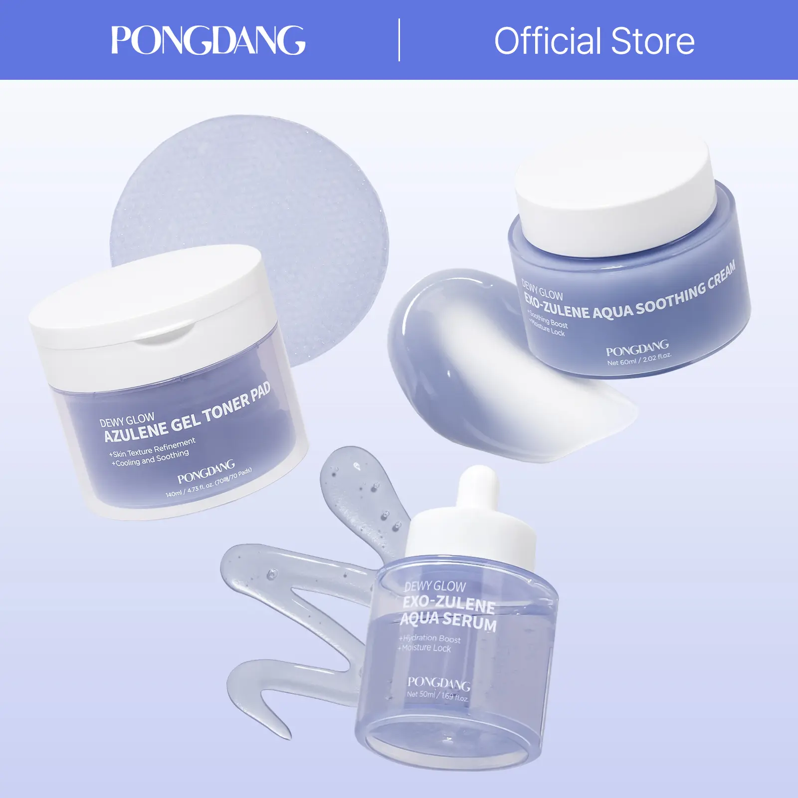 [PONGDANG] Unisex Korean Skincare Dewy Glow Fresh Hydration Kit - Gel Toner Pad, Serum, Soothing Cream - Hydrating, Cooling Calm Routine