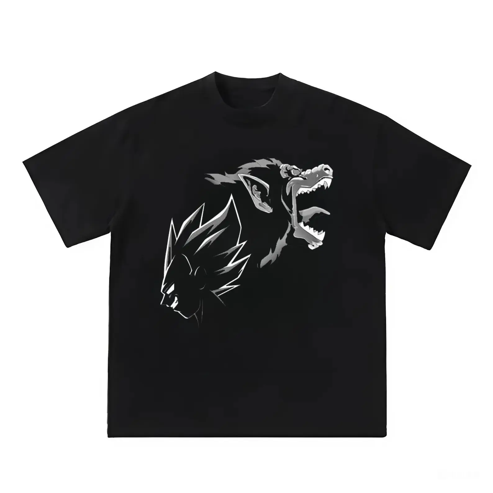 Epic Black T-Shirt with Dual Graphic Design - Vegeta And Howling Wolf in Monochrome Style, Perfect For Anime Fans and Bold Fashion Enthusiasts