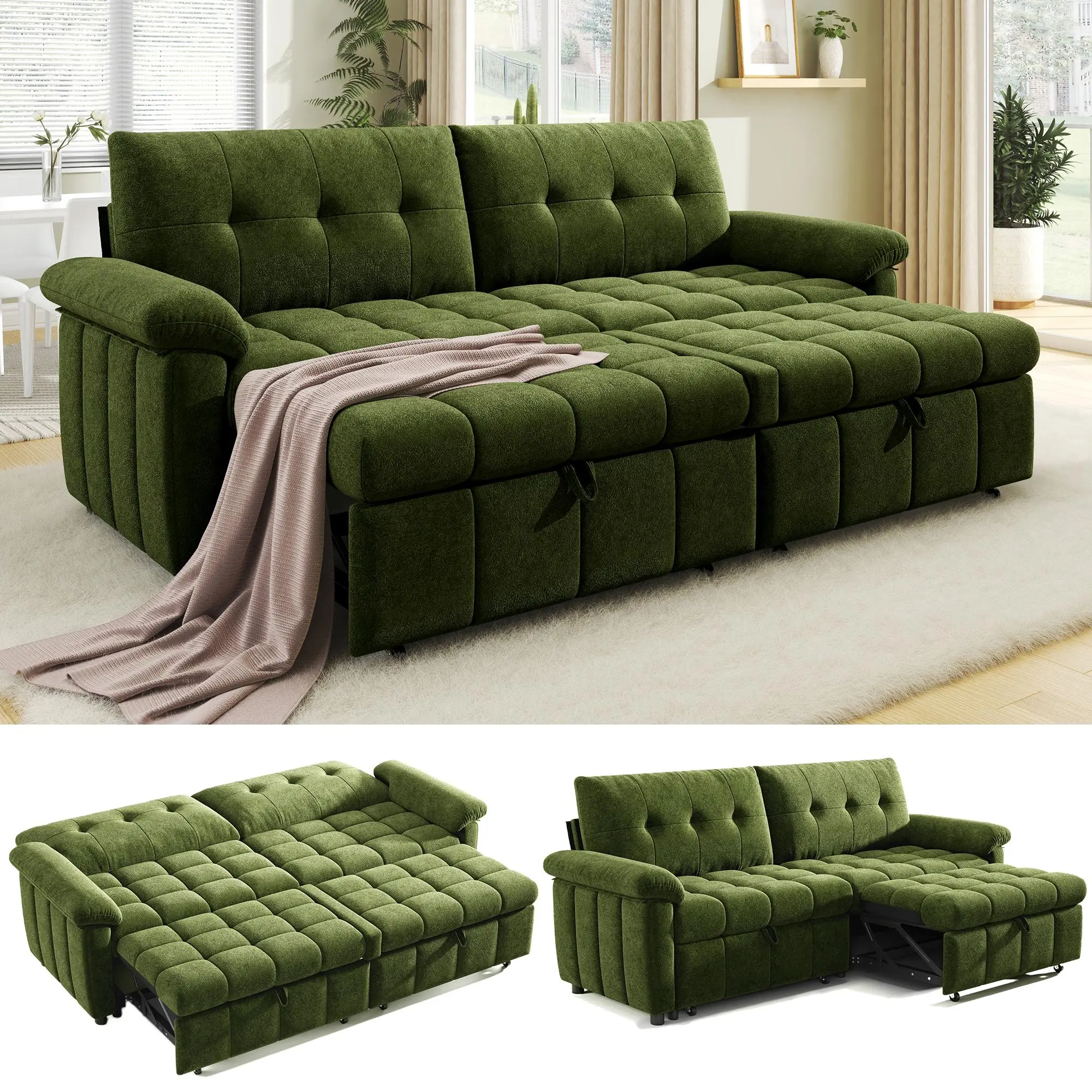 [Ships in 2 Boxes]AMERLIFE 93” Convertible Sofa Bed with Pull-Out Sleeper, 4-in-1 Couch with 5-Position Backrest, Tufted Chenille, Easy 10-Min Assembly, Modern Couch for Living Room & Guests