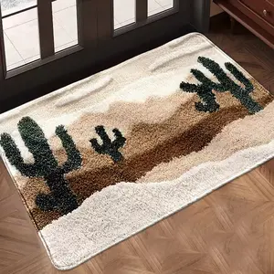 1Pc Impressionist Desert Oil Cactus Faux-Cashmere Entry Mat, Tall-Cactus Soft Non-Slip Quick-Absorb, Kitchen-Bath-Bed-Living-Study Machine-Wash, Multi-Size