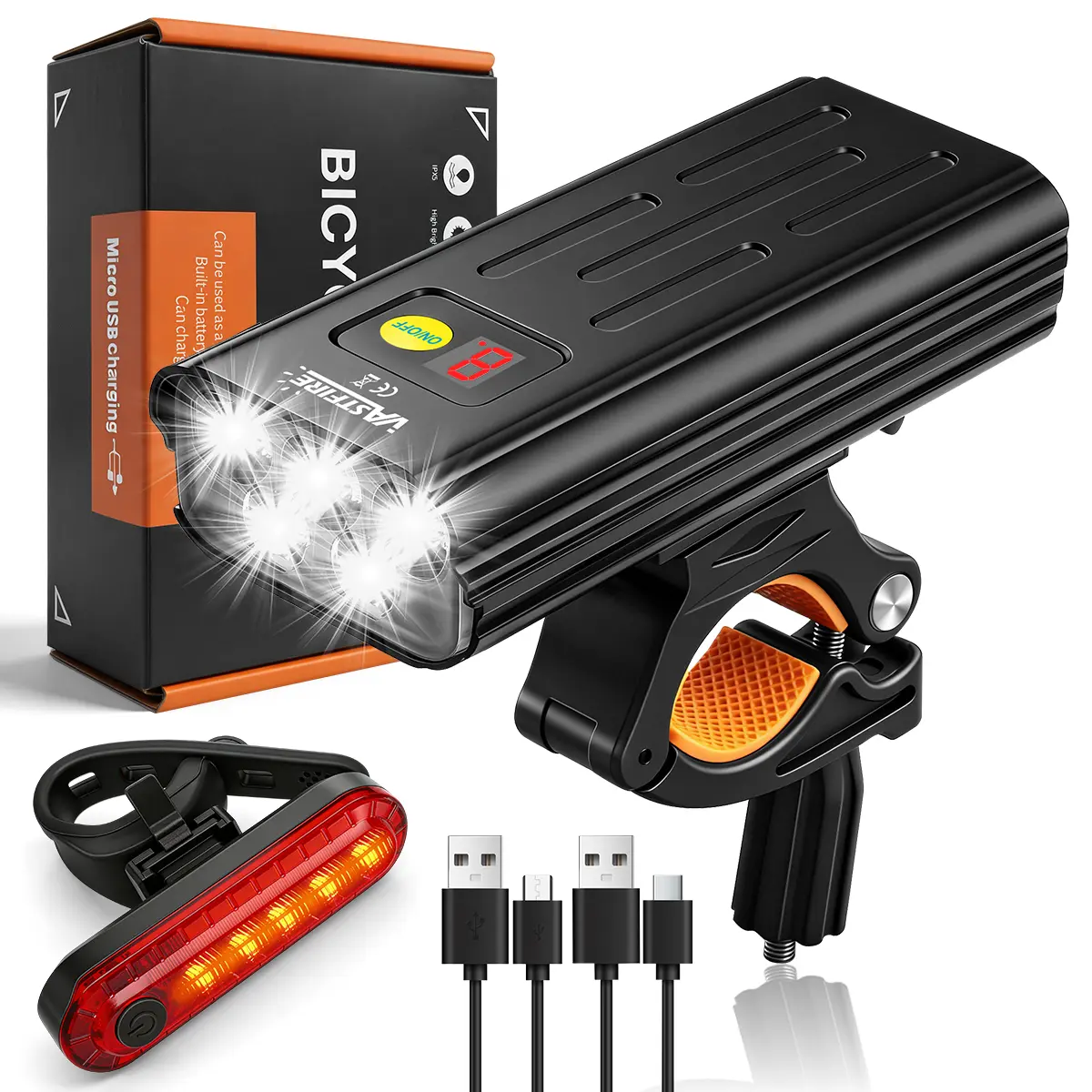 5 LED Bicycle Light Set, USB-C Fast Charging Aluminum Alloy Headlight & Taillight with 15° Rotating Stand, IPX5 Waterproof 5-Mode Lights for Ebike Night Riding, Fastcharging, 18650 Battery*2, 300-500 Meters Irradiation Distance