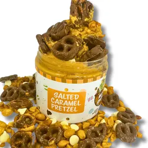 Salted Caramel Chocolate Pretzel Gourmet Peanut Butter Dessert - 16oz & 8oz - White Chocolate Peanut Butter Layered with Caramel Sauce & Chocolate Sauce Topped with Mini Chocolate Pretzels! Sweet Dip