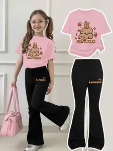 Cute Capybara Set for Girls Ages 5-12, Cute Clothing Set, Round Neck Tee with Strawberry Print, Bell Bottoms, Casual & Breathable