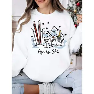 Women's White Apres Ski Party Sweatshirt - Ski Resort-Themed Après-Skiing Sweater With Champagne, Ski Lift & Mountain Print, Casual Crewneck Winter Pullover For Skiing Outfits, French Alps Inspired Apparel   All-Season Women's Crewneck Sweatshirt