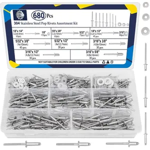 680 count Stainless Steel Pop Rivets, 8 Sizes Stainless Rivets with 1/8" 5/32" 3/16" Blind Rivets and Washers Assortment Kit