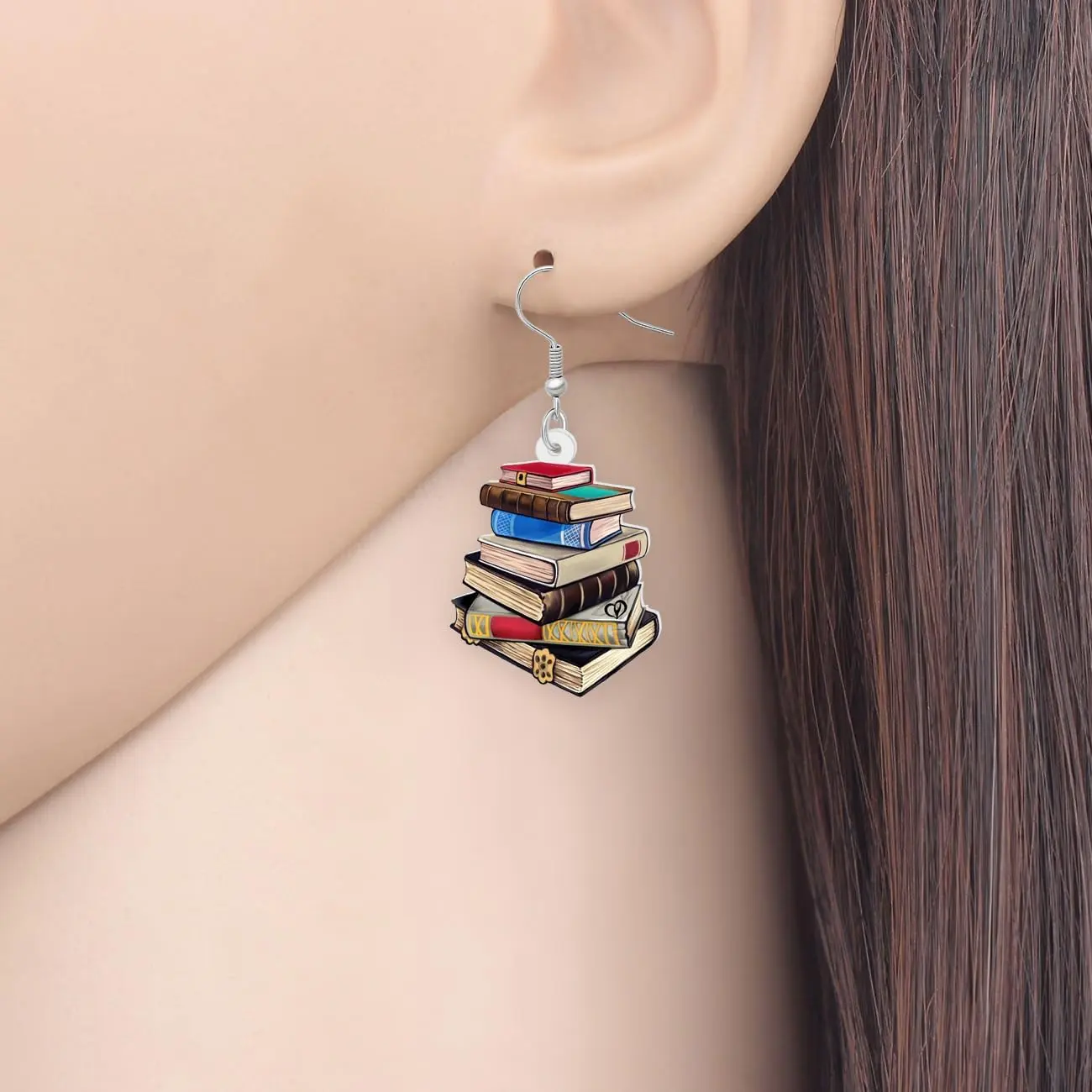 Female Funny Book Drop Earrings, 4.0g Acrylic Bookshelf Dangle Earrings for Women & Teachers, Lightweight Stainless Steel Hooks, 30mm x 29mm Holiday Gift