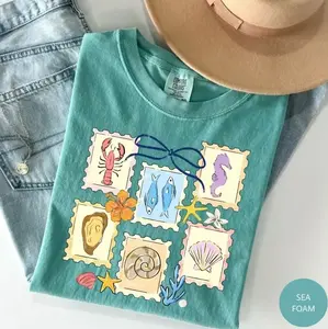 Comfort Colors Coquette Seashell Stamp T-Shirt, Vintage Seashell Summer Outfit, Vacation Beach Lover Gift, Summer Vibes Sea Shell Womenswear Top