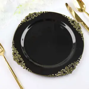 10-Pack 10" Plastic Round Dinner Plates, Black with Gold Leaf Embossed Rim - Vintage Baroque Style Disposable Tableware for Upscale Dining, Special Events