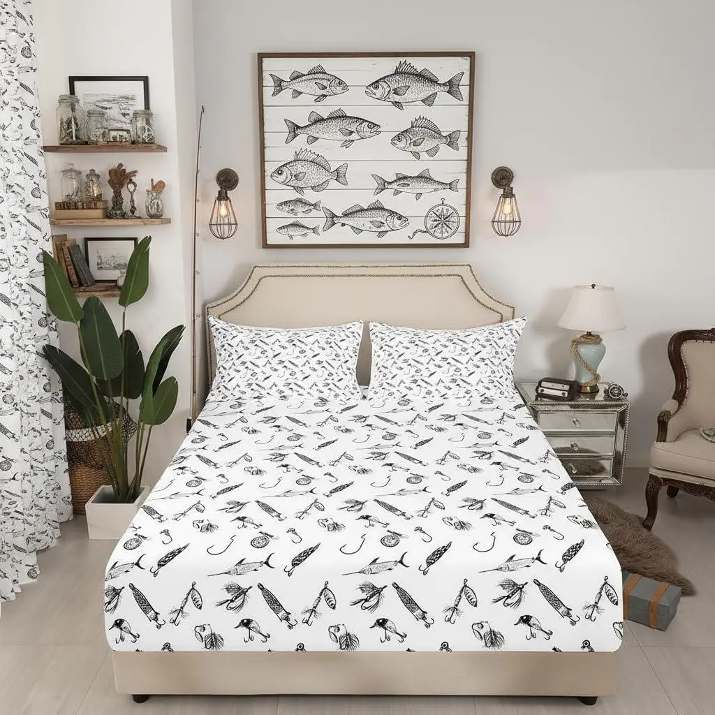 Hunt Fishing Fitted Sheet,Sketch Black White Fishhooks Print Bedding Set for Kids Boys Men Adult Bedroom Decor,Hunting Fish Bed Sheets Modern Soft Deep Pocket Sheet