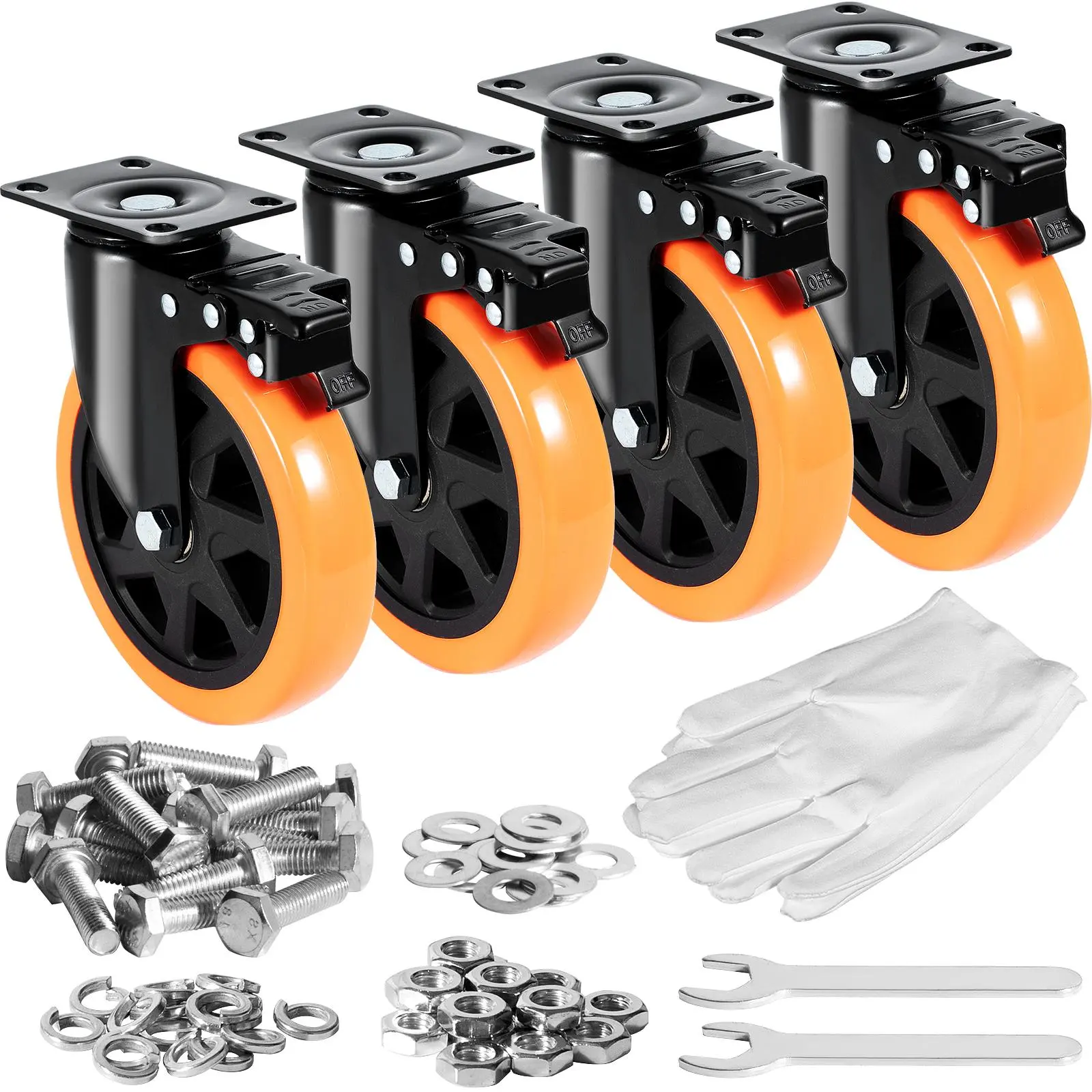 【Backtoschool】VEVOR Caster Wheels,  6-inch Swivel Plate Casters, Set of 4, with Security A/B Locking No Noise PVC Wheels, Heavy Duty 700 lbs Load Capacity Per Caster, Non-Marking Wheels for Cart Furniture Workbench