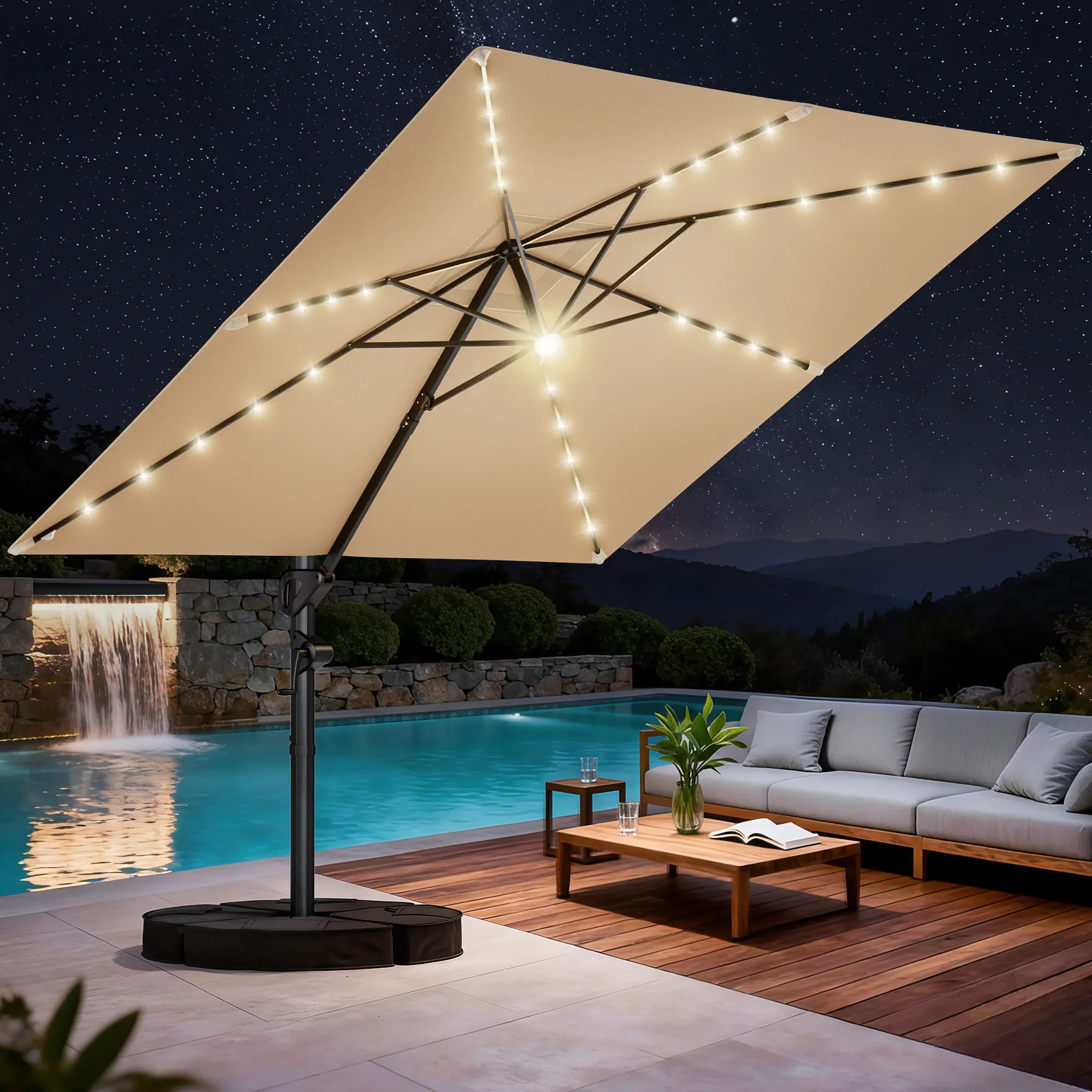 [With Base] 10ft Square Outdoor Patio Umbrella with Solar LED Lights, UPF 50+ UV Protection, 360°   Swivel Crank Adjust, Ventilated Canopy, Rust-Proof Aluminum Umbrella