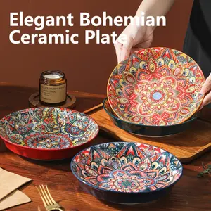 4 Pcs Boho Style Ceramic Dinnerware Set, 8in Deep Plates, Vintage Glazed Bowls, Oven Microwave Dishwasher Safe, Easy Cleanup, Perfect for Holidays and Gifts