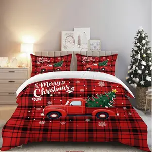 3-Piece HD Digital Plaid Car & Christmas Tree Print Bedding Set (1 Fitted Sheet + 2 Pillowcases), Soft Comfortable Bedroom Decor, Bed Sets Supplies
