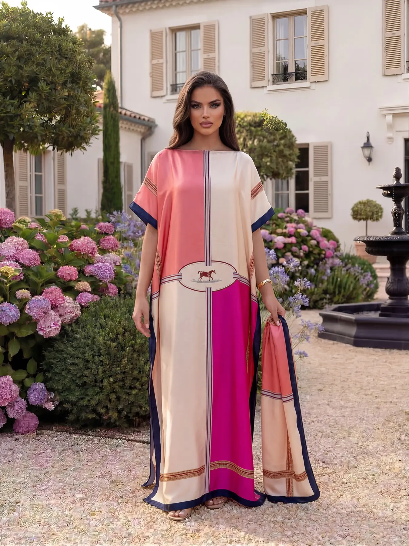 Women's Luxury Elegant Equestrian Style Silky Animal Robe Set, Chic Fashion Long Dress & Scarf, Beach Outdoor Sun Protection Matching Set, Cape