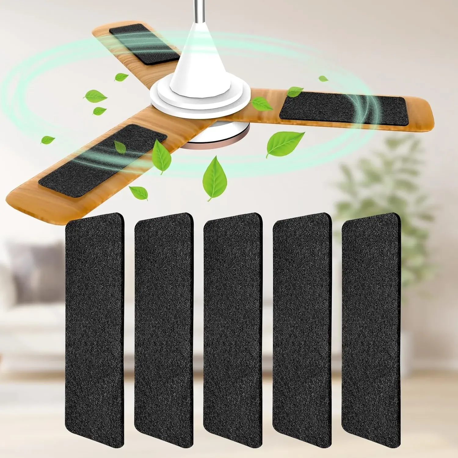 5Pcs Universal Activated Charcoal Ceiling Fan Blade Filters - Coconut Shell Carbon Pads, Odourless, Easy-Install Sticky Air Purifier Supplies for Indoors, Formaldehyde & Contaminant Removal, Extended Ceiling Fan Life