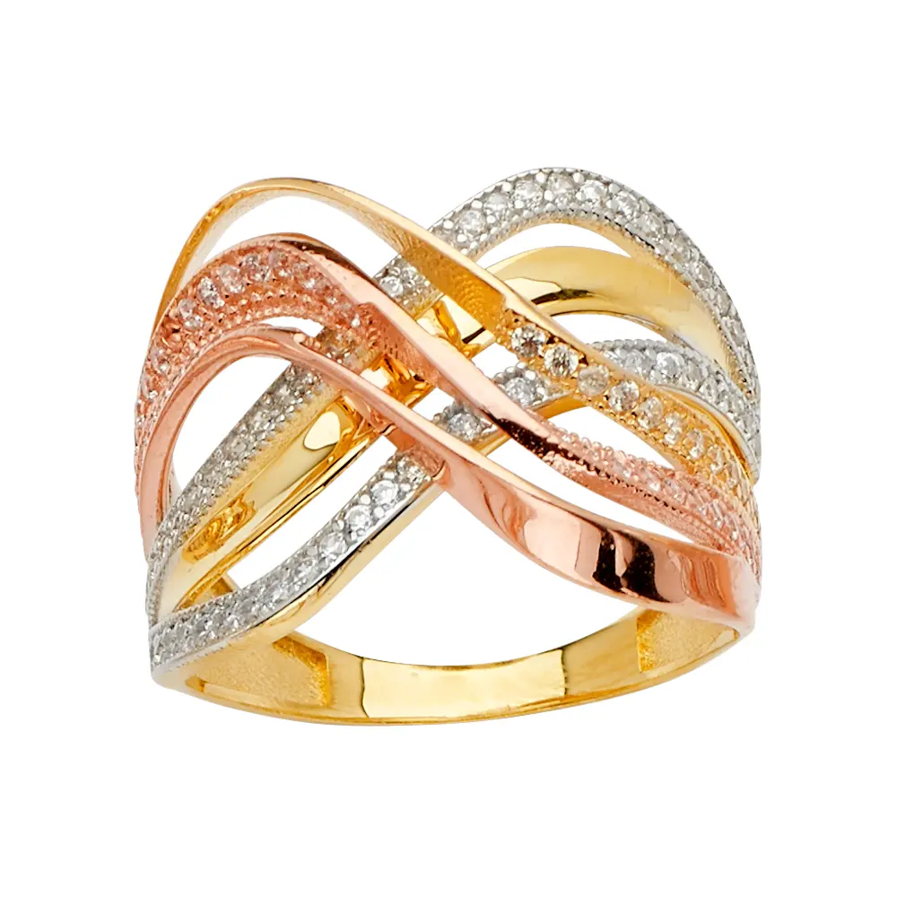 14 Karat Gold 3-Tone Fashion Ring for Women, Interwoven Multi-Line Band with Sparkling CZ Accents, Three-Tone