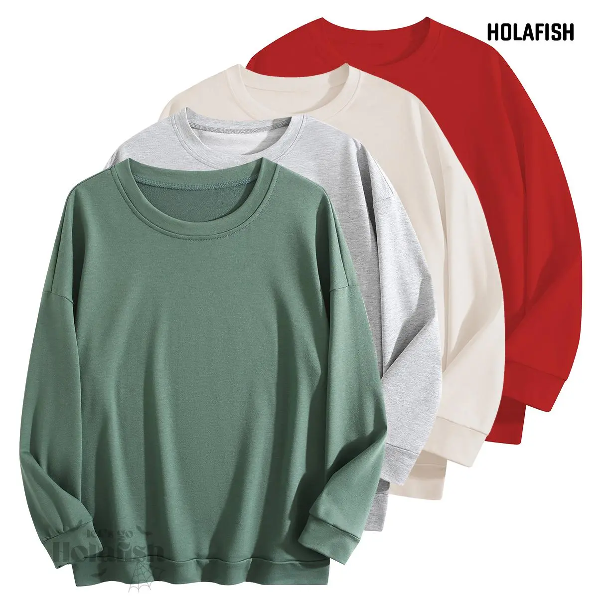 Holafish Crewneck Sweatshirt Plain Pullover Unisex Loose Cut Casual Street Style Top For Spring Summer Daily Travel Leisure Outdoor Outfit