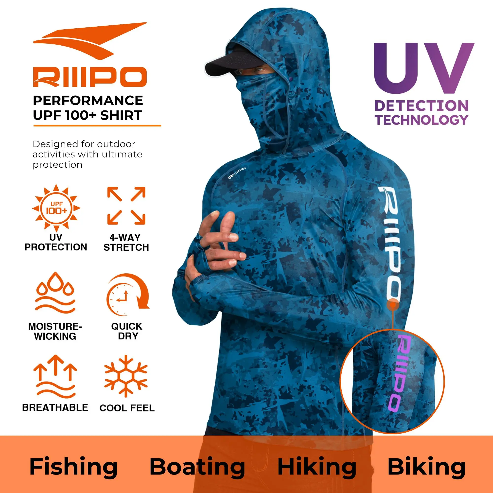 Clearance R10 RIIIPO Sun Hoodie Shirt w/ UV Detection Logo Mask Neck Gaiter Thumbhole Men UPF 100+ Sun Protection Long Sleeve Lightweight Quick Dry Moisture Wicking Breathable Cooling Activewear for Outdoor Fishing Boating Construction Roofing summervibes