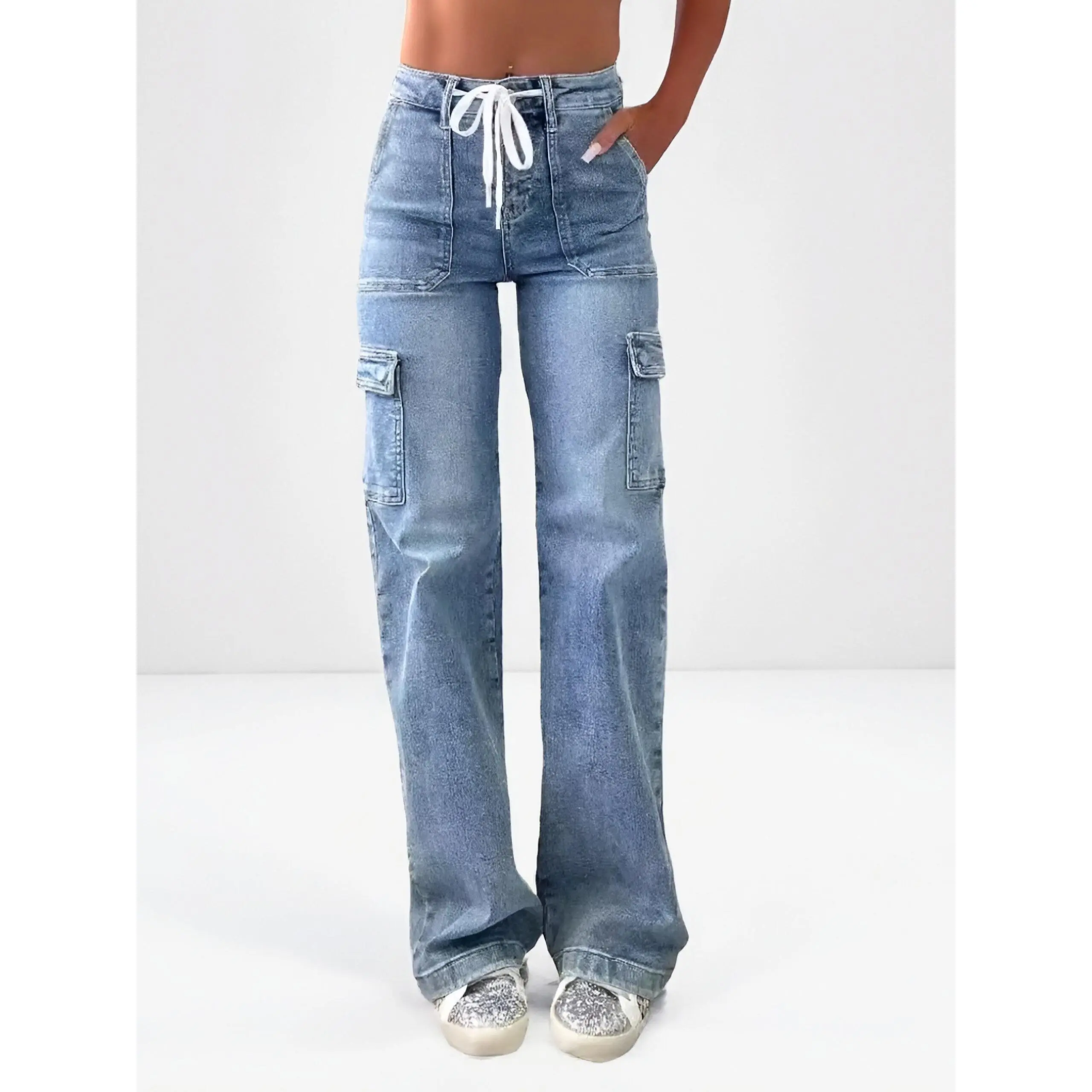 2026 Loose Fit Cargo Jeans for Women Washed Denim Street Style Y2K Vintage 90s Pants with Pockets Belted Button Front Casual All-Season Machine Washable Travel Wardrobe