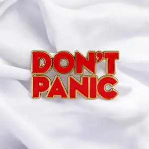 Don’t Panic Funny Enamel Pin – Bold Red & Gold Anxiety Humor Badge for Overthinkers, Sci-Fi Fans & Daily Meltdowns