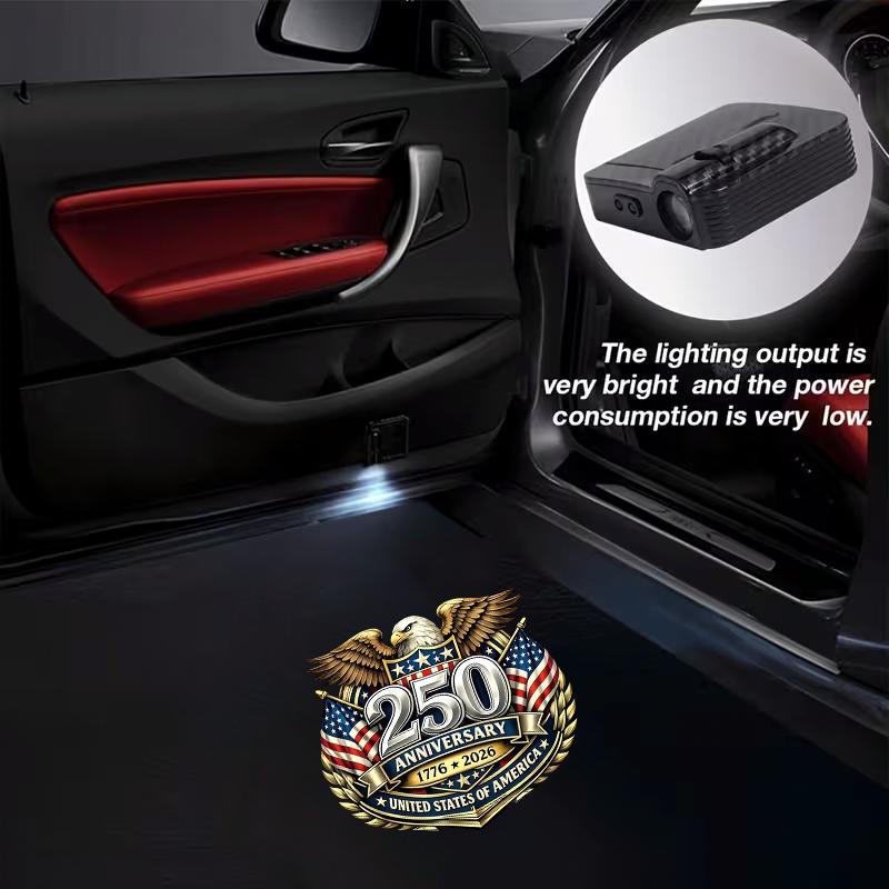2-pack door lights — U.S. Founding 250th Anniversary projection projector — Universal wireless LED door projection light for cars, compatible with all car brands; U.S. Founding 250th Anniversary welcome plaque projection light 2-pack door lights — U.S. Founding 250th Anniversary projection projector — Universal wireless LED door projection light for cars, compatible with all car brands; U.S. Founding 250th Anniversary welcome plaque projection light