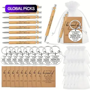 24pcs Inspirational Positive Messages Gift Set with Keychains and Bamboo Retractable Pens, Suitable for Employees, Volunteers, Thanksgiving and Christmas Paper Thank You, Appreciation Bundle, Ecofriendly