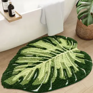 Fashion Leaf Bathroom Mat, Thick Flocking Floor Mat, Non-Slip Machine Washable Bathroom Carpet, Absorbent, For Shower, Bathtub, Sink, Bathroom Accessories And Decoration, Room Decor Rug Round