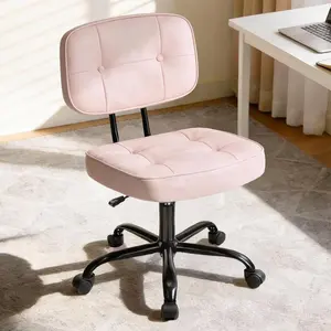 Ergonomic Armless Desk Chair – PU Leather Vanity Chair with Lumbar Support, Height Adjustable Rolling Task Chair for Bedroom, Small Space,Beige/Pink/Black