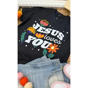 Tees2urdoor Women's Graphic Short-Sleeve T-Shirt - Jesus Loves You Statement, Soft Comfortable Fabric, Casual Wear Style Streetwear Top, 1-Piece Everyday Use Clothes