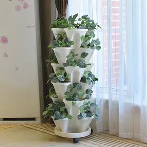 1 Set 5-Layer Stackable Planters - Vertical Garden Pots - New Durable PP Plastic with Moving Wheels - for Flowers, Herbs, Strawberries & Vegetables - Indoor/Outdoor Use