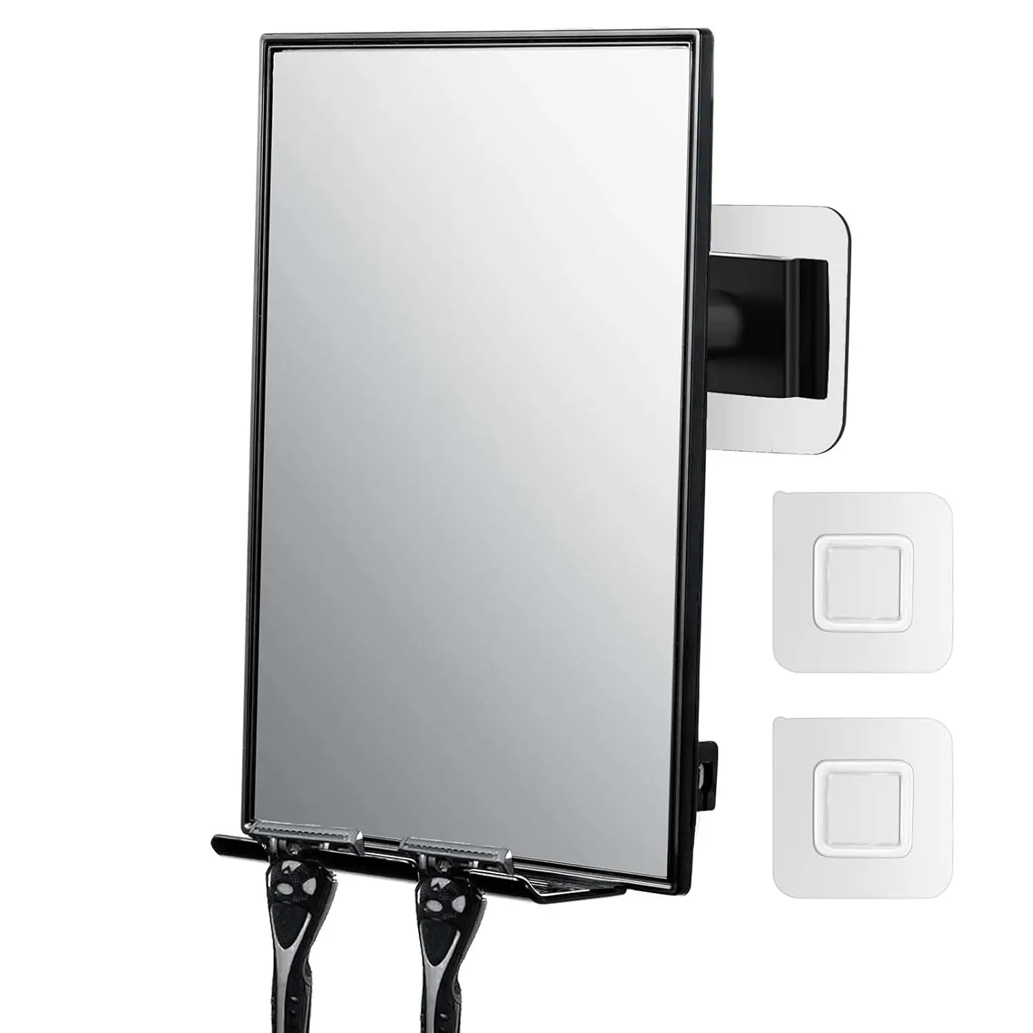 LFOYOU Modern Minimalist Wall-Mount Bathroom Flat Mirror - Glass Lens, 360° Rotatable Adjustable Angle, 2 Replaceable Hooks, 2 Razor Holders, Squeegee (Non-Fogless) Self-Adhesive Shaving Mirror for Makeup, Modern Minimalist Mirror