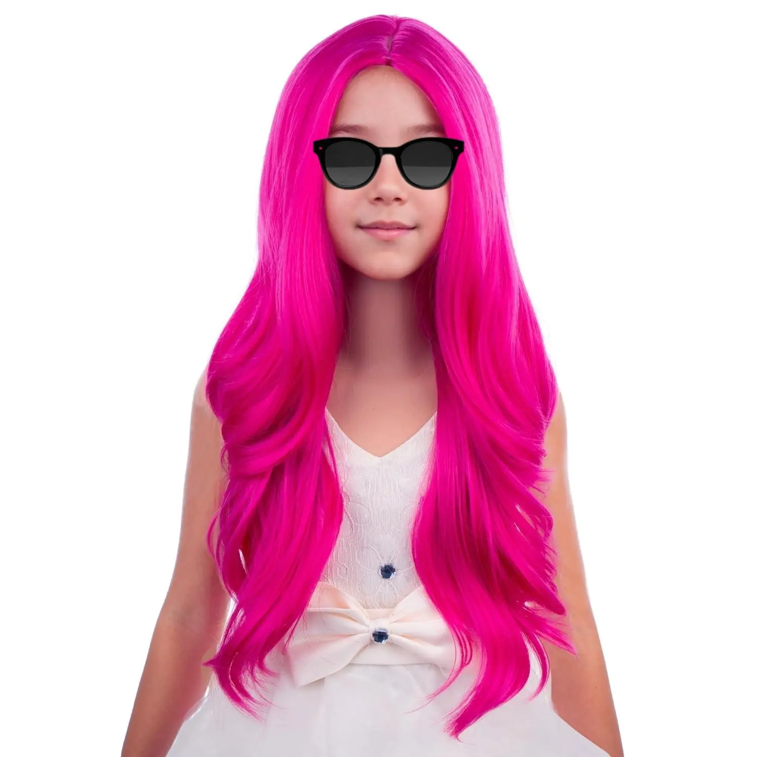 X-HDW04   Hot Pink Wig for Kids Child Long Wavy Curly Wig Girls Neon Pink Wigs Magenta Wigs Rose Pink Cosplay Party Synthetic Hair