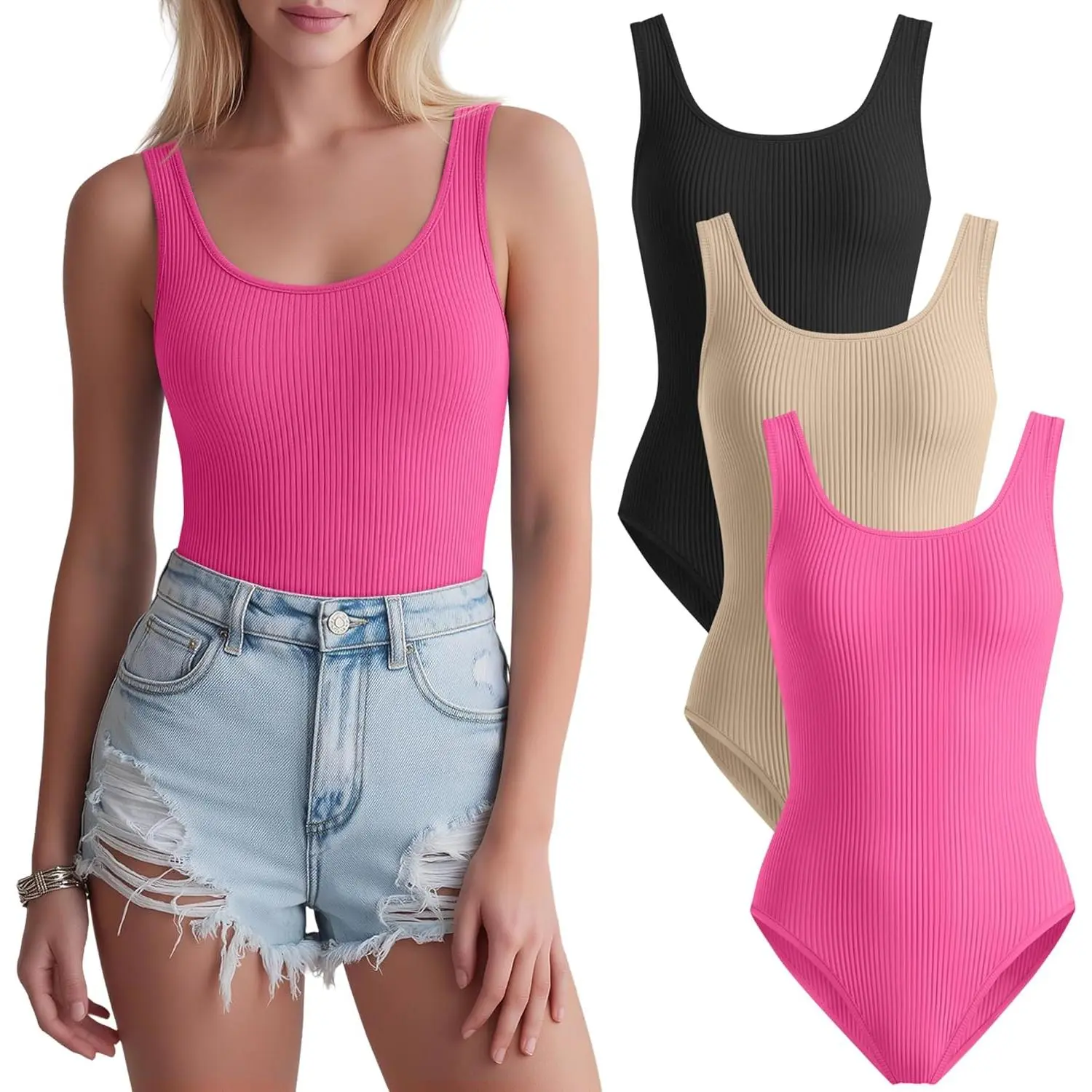 Women’s 3-Pack Ribbed Sleeveless Scoop Neck Slim Fit Cotton Bodysuits - Tops for Women, Strapless, Fitted, Flat Tummy Styles, Basic Casual Everyday Wear, Smooth Soft Breathable Fabric Tank Tops, Bodysuit For Women, Tops Women