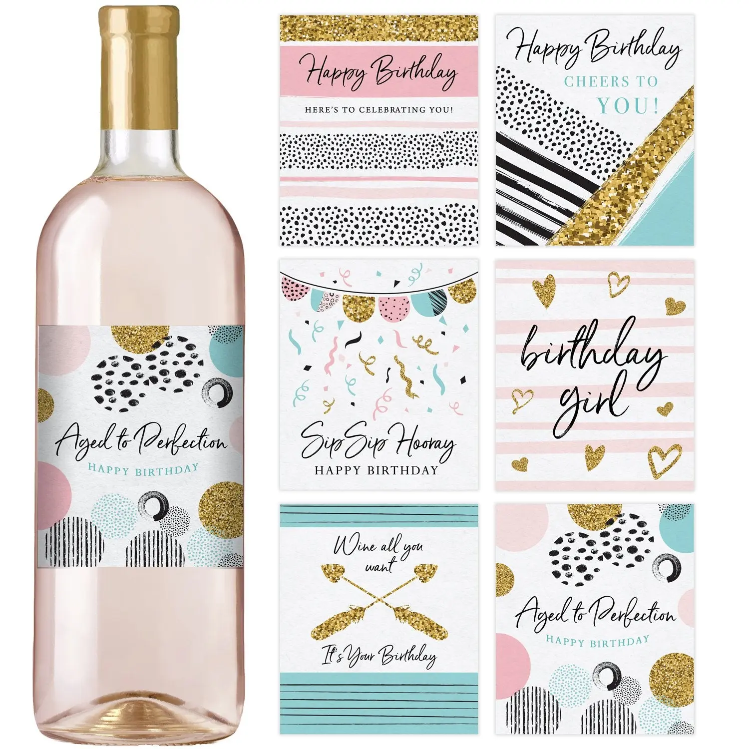 Adult Birthday Party Decoration – Waterproof Wine Bottle Labels, Black and Gold (Set of 6)