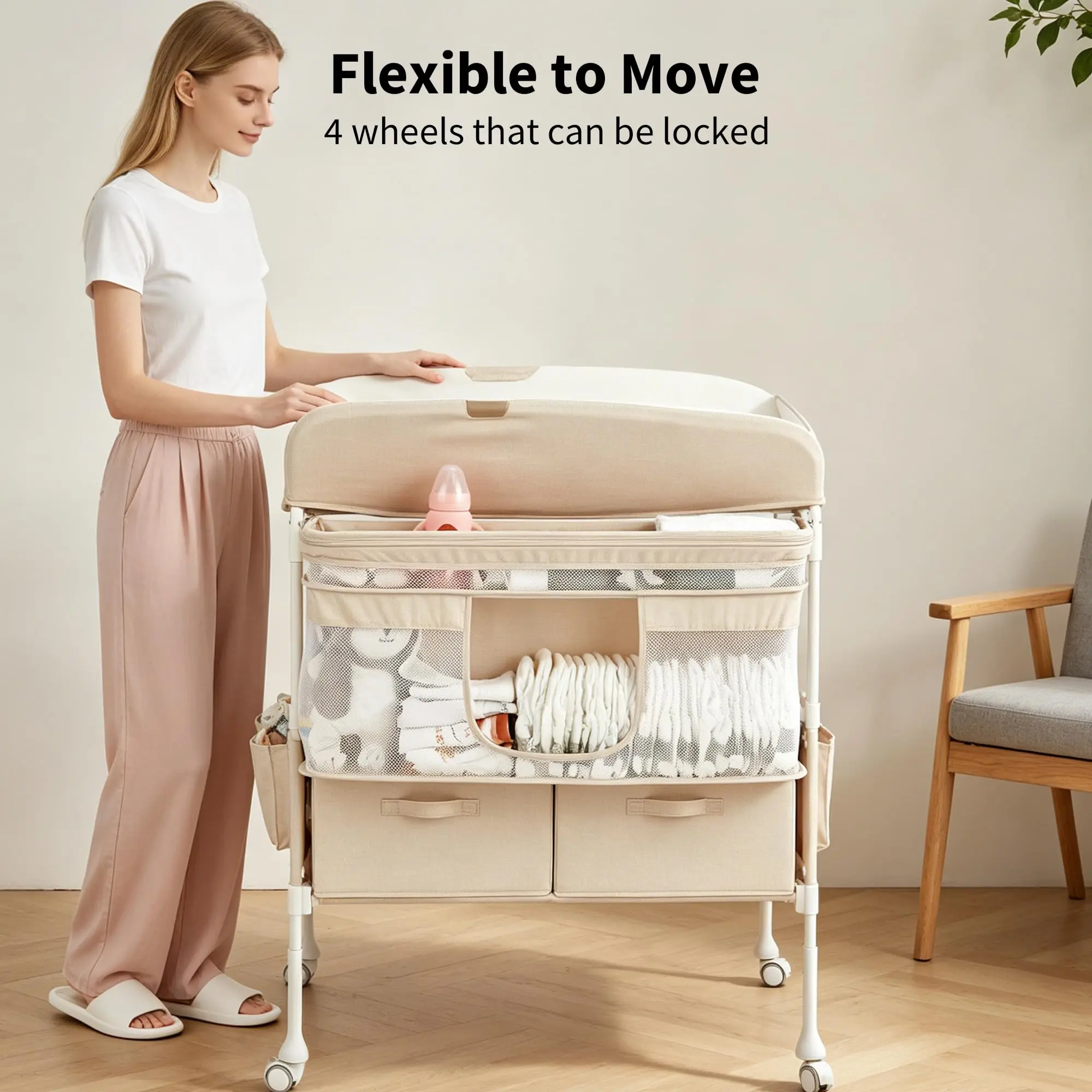 Compact Baby Diaper Changing Table - Foldable, Height-Adjustable, with Wheels, 2 Drawers, Hanging Toy Bar, Portable Nursery Newborn Care Station
