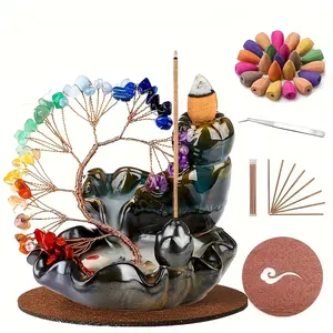 Crystal Tree Incense Burner Backflow Waterfall Aroma Holder - Loose Gems, includes 30 incense cones, incense sticks, tweezers, and mat, suitable for home decoration, elegant ornament for meditation and spiritual gifts ...