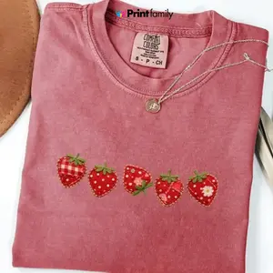 Comfort Colors Faux Patchwork Strawberry PRINT T-shirt, Faux Summer Embroidered Shirt, Spring Gift Shirt, Cottagecore Fruit Tshirt, Varsity Mom Tee - Printfamily