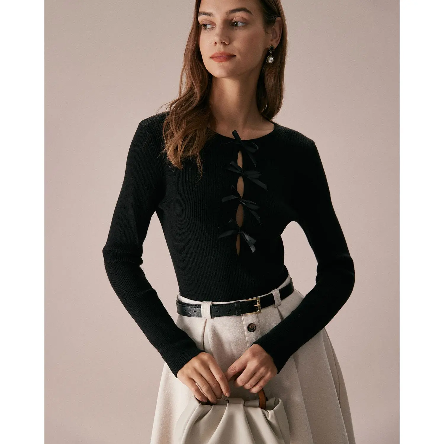 RIHOAS Women's Ribbed Long Sleeve Knitwear, Boat Neck Top with Bowknot Cutout Accent, Casual Slim Fit Viscose Blend Pullover