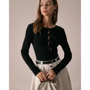Rihoas Women's Black Boat Neck Long Sleeve Ribbed Knitwear Top - Polyester-Viscose-Nylon Basic Fabric, Stylish Slim Clothes, Well-Fit Casual Warmer, Bowknot & Cutout Accents, Skirt-Pairing Versatility Piece