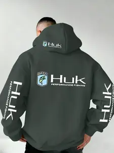 "huk" Letter Print Men's Hoodie, Soft Stretch Knit Fabric, Standard Fit, Casual Daily Wear, Four-Season Hooded Clothing, Fun Style, Essential for Young Adults