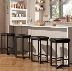 Bar Stools Set of 2 / 4, 24.6" Counter Height Backless Barstools, Upholstered PU Leather Seats with Metal X-Frame & Footrest, Modern Kitchen Stools for Home Bar, Dining Room