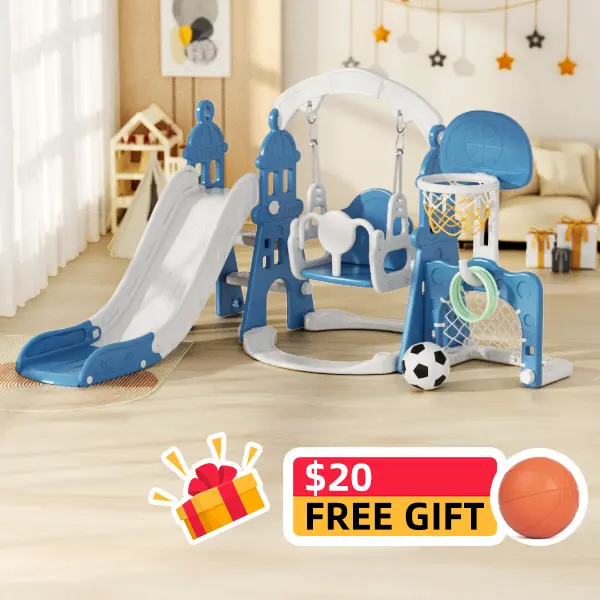 XJD Unisex 4-in-1 Compact Playground Equipment - Toddler Slide Set with Swing, Basketball Hoop, Climbing Ladder, Easy Assembly, Enhanced Stability for Kids 1+ Years (Indoor-Outdoor Use)