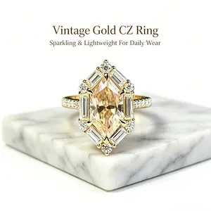 Art Deco Marquise-Cut Synthetic Zircon Statement Ring - Sparkly Gold-Tone Statement Gemstone Bridal Costume Jewelry (Marquise-Cut Rings), Sparkly Gold-Tone Rings
