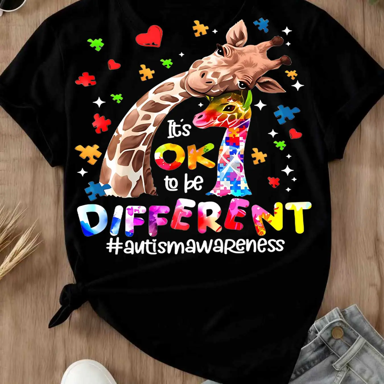 Giraffe With Puzzle Pieces And Hearts Print Ok To Be Different