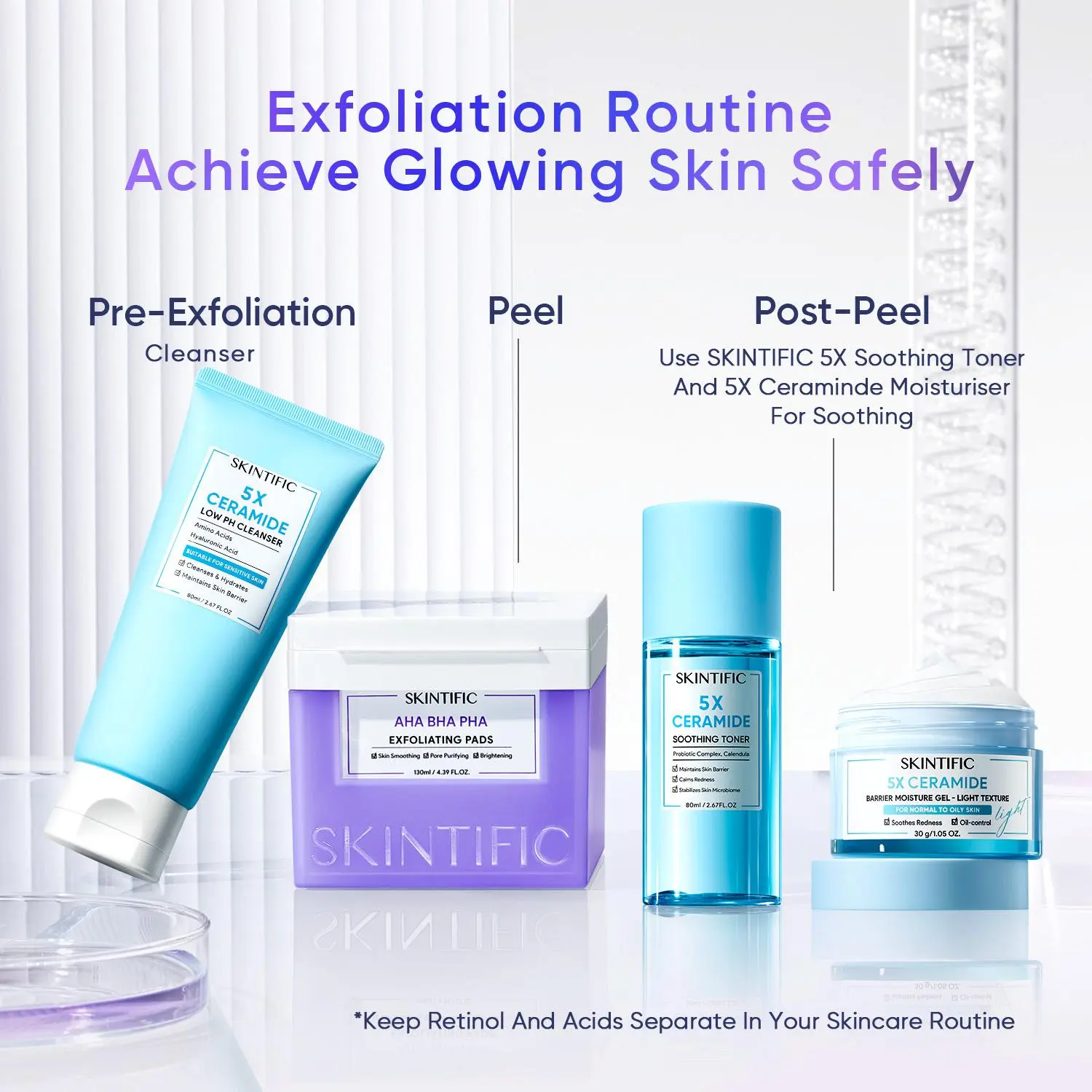 SKINTIFIC 4-Step Glow Kit - AHA BHA PHA Exfoliating Pads + 5X Ceramide Moisture + 5X Ceramide Low pH Cleanser + 5X Ceramide Soothing Toner  Achieve Glowing  Skin Safely