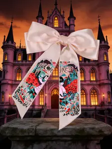 Coraline Themed Oversized Bow Hair Clips - Printed Ribbons Design, Cute & Durable Hair Accessories for Kids, Perfect for Cosplay & Daily Use