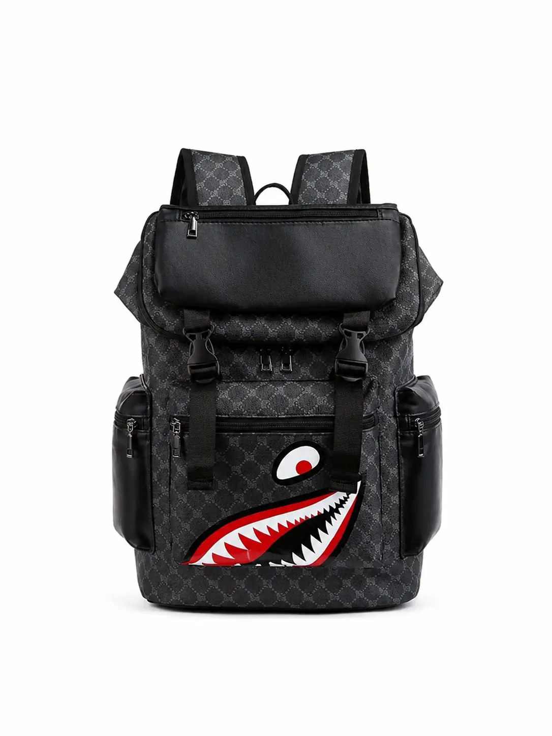 Sprayground Black Monogram Shark Mouth Print PU Leather Patch Streetwear Backpack - Large-Capacity Travel Laptop Bag for Teen Boys